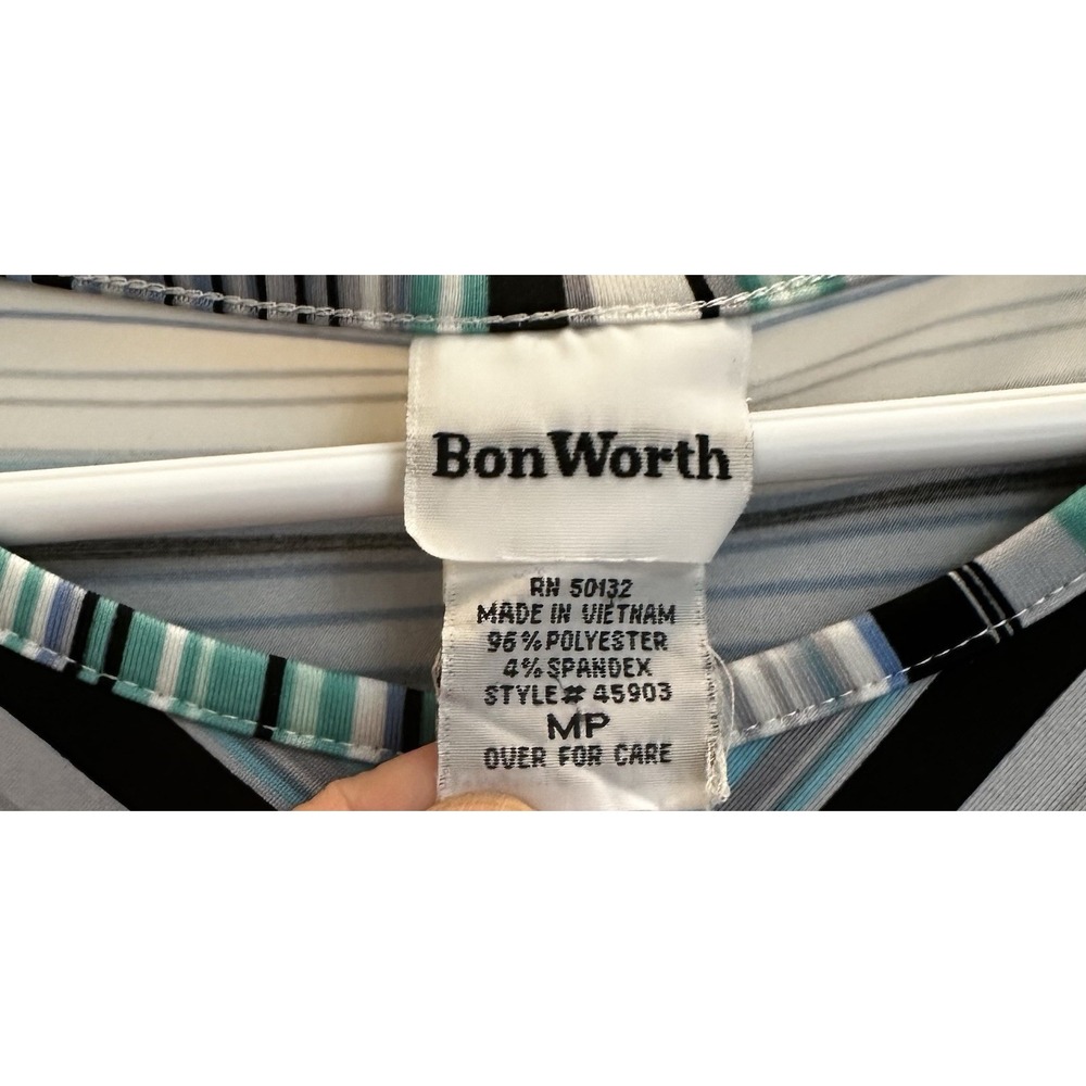 BonWorth Womens Petite Medium Teal Blue Striped 3/4 Sleeve Top 45903 - Picture 3 of 3